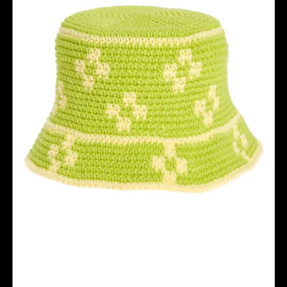 Green Crochet Bucket Hat with Cream Accents - Unbranded